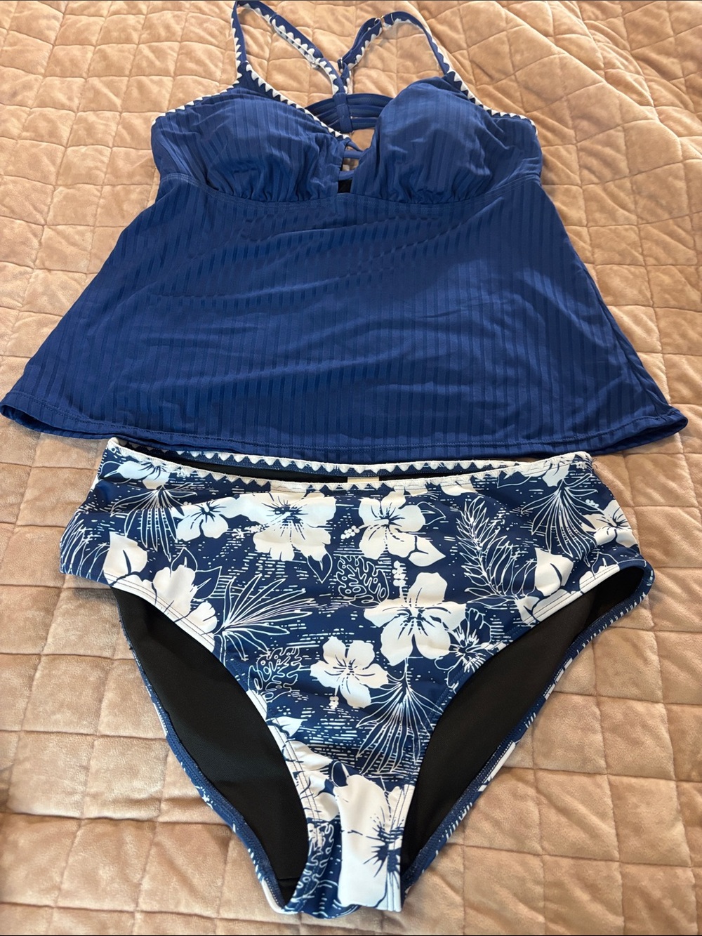 Navy Floral High-Waist Tankini One-Piece